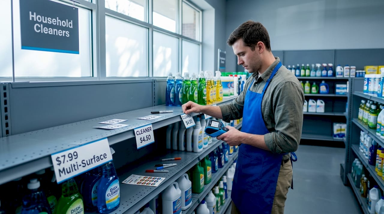 Retail employee updates shelf price labels