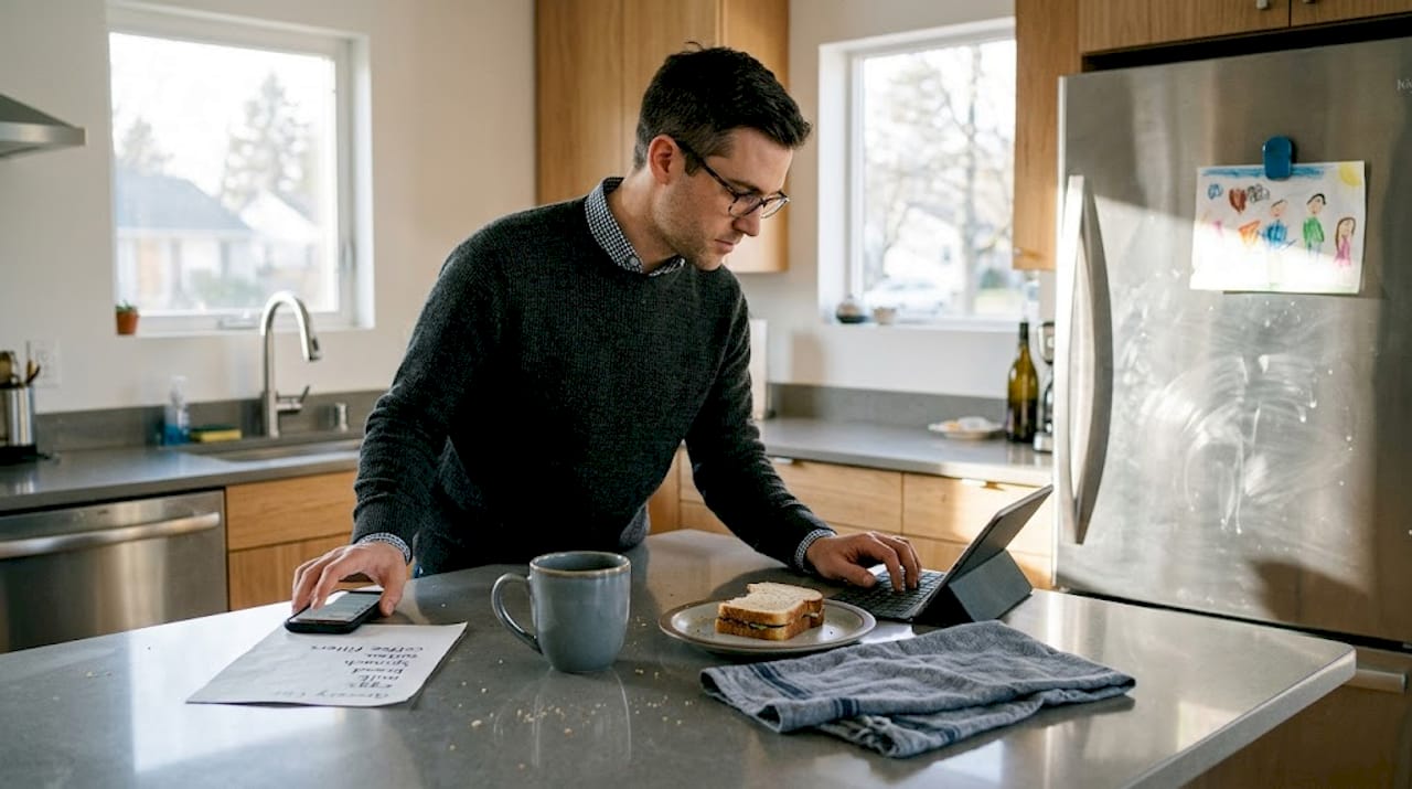 Man compares prices at cluttered kitchen island