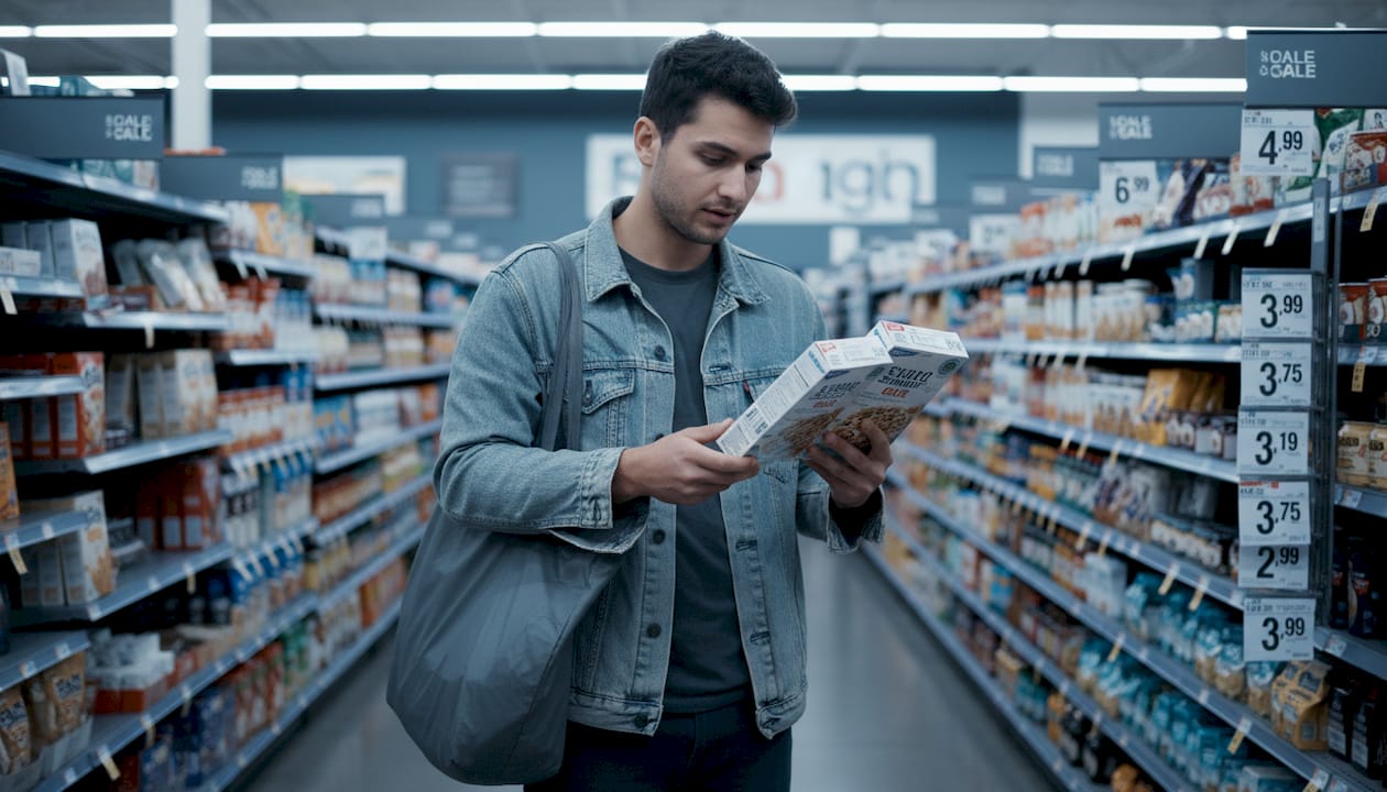 Shopper comparing price tags in grocery aisle