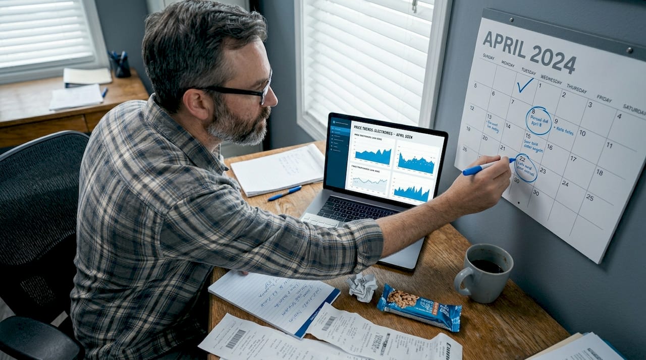 Man marking price tracking dates on calendar