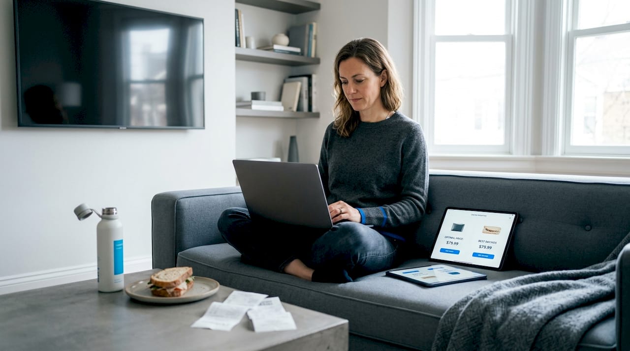 Woman comparing online product prices at home