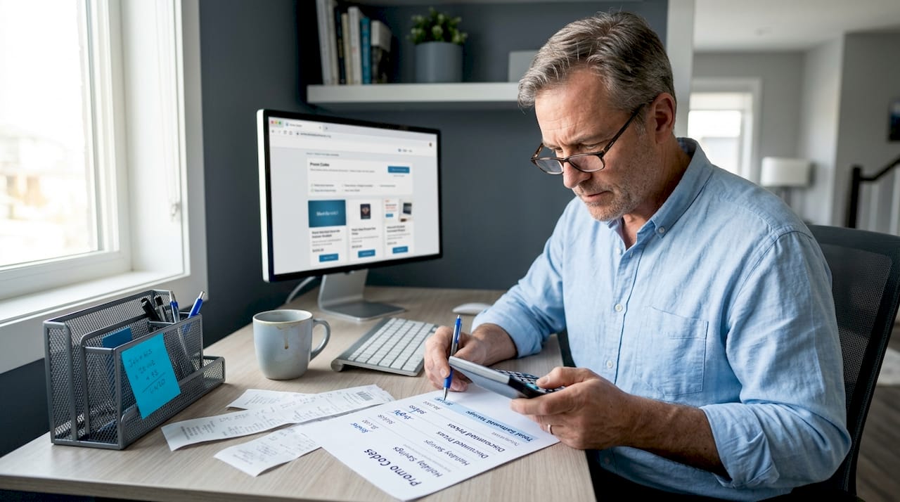 Man calculating e-commerce discount savings