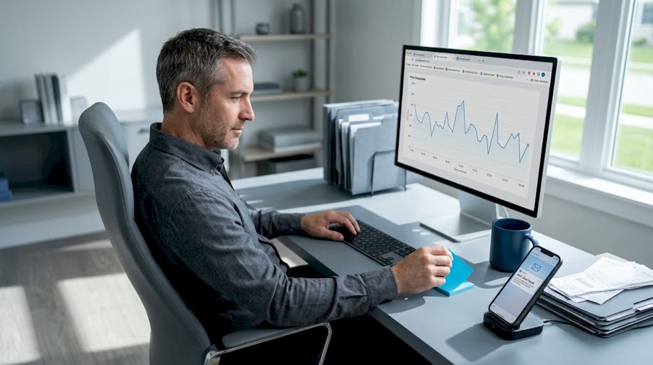 Man tracking price history at home office desk