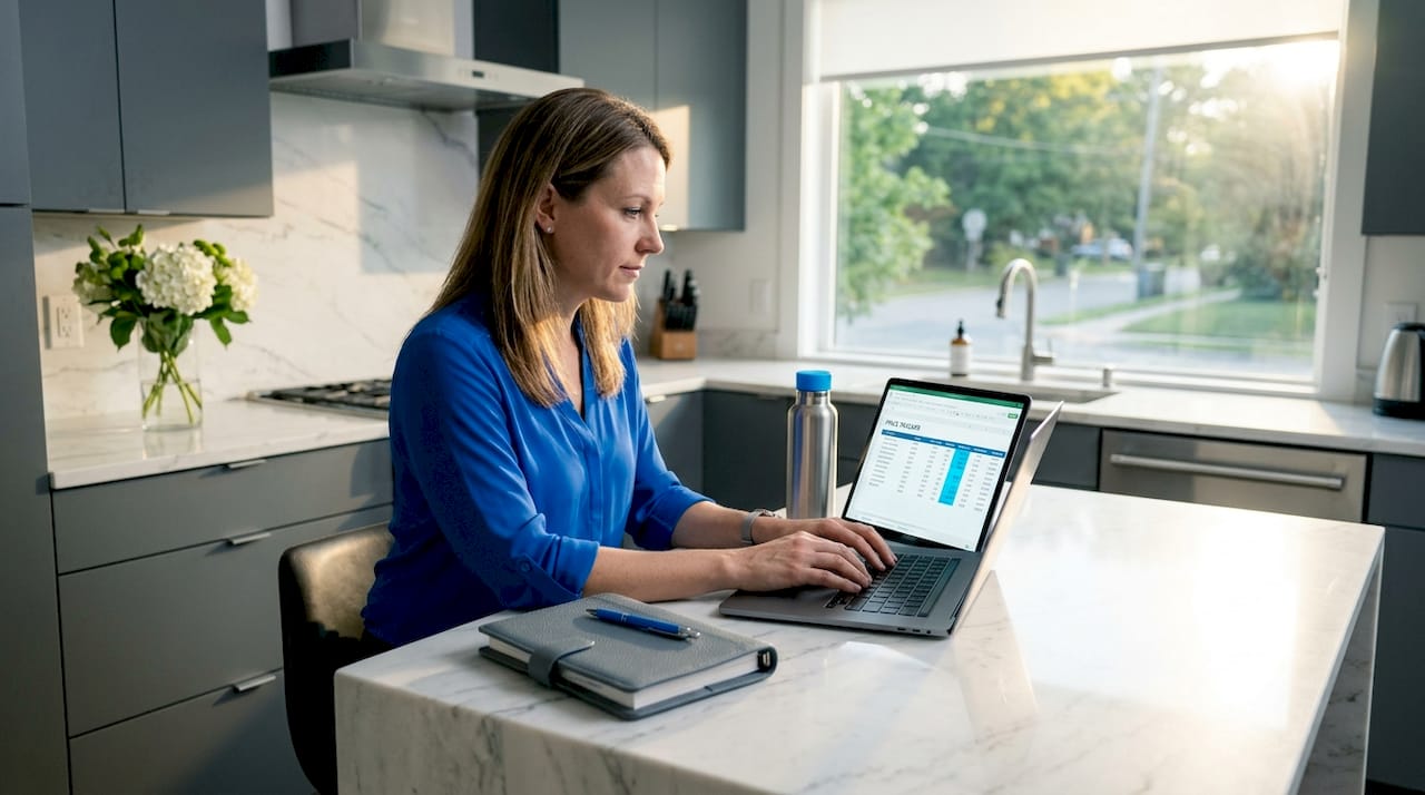 Woman tracks prices from kitchen table