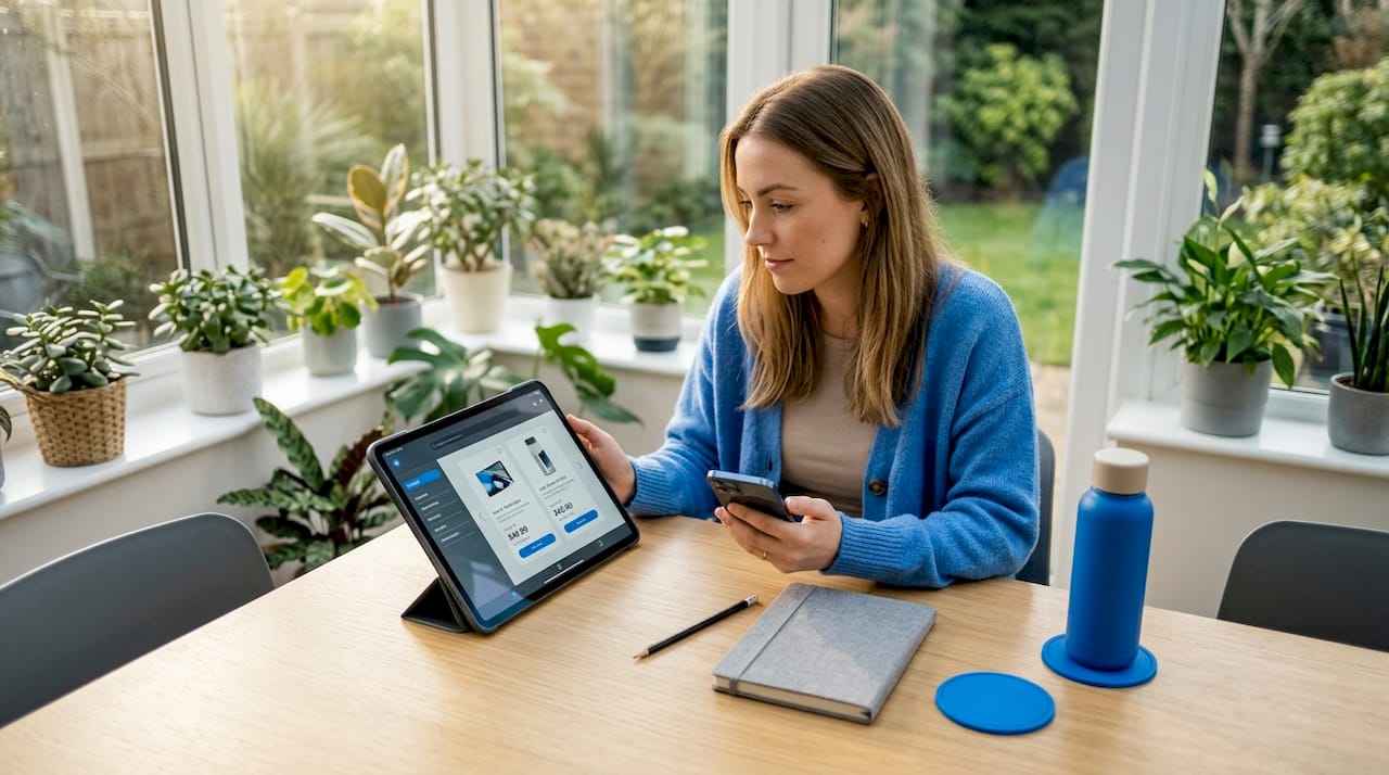 Woman comparing prices between tablet and phone