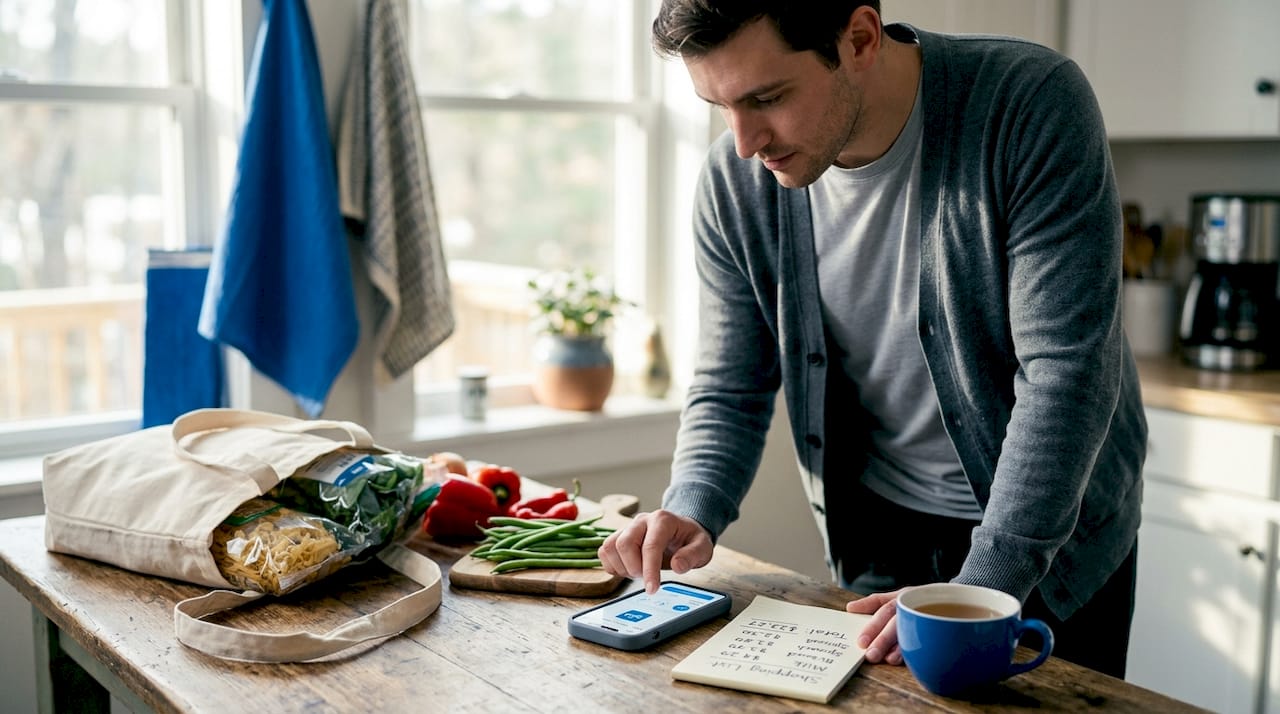 Man budgeting online shopping in kitchen