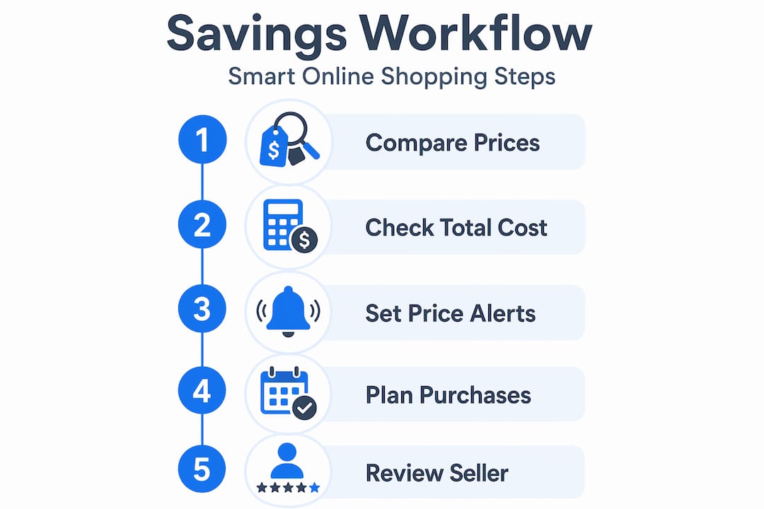 Infographic showing online shopping savings steps