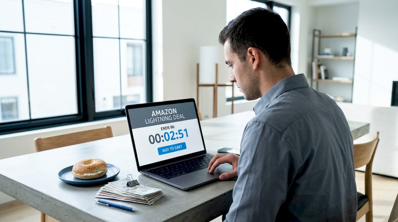 Man watching countdown for online deal