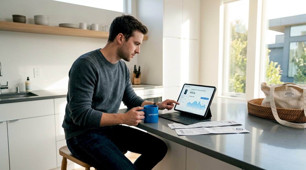 Man comparing product pricing and receipts in kitchen