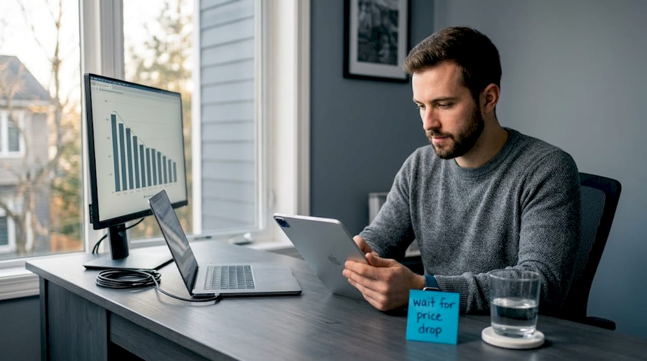 Man tracking product prices on tablet
