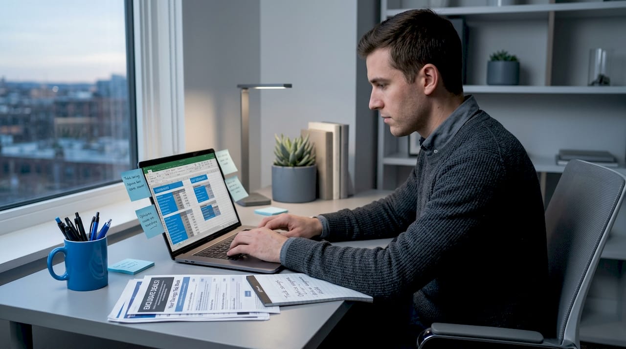 Man logging discounts in spreadsheet at desk