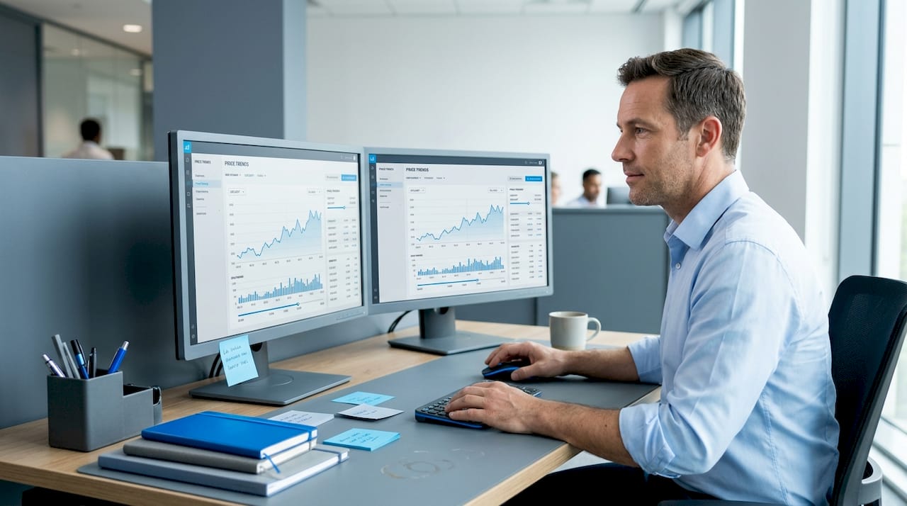 Man checks price history data at desk