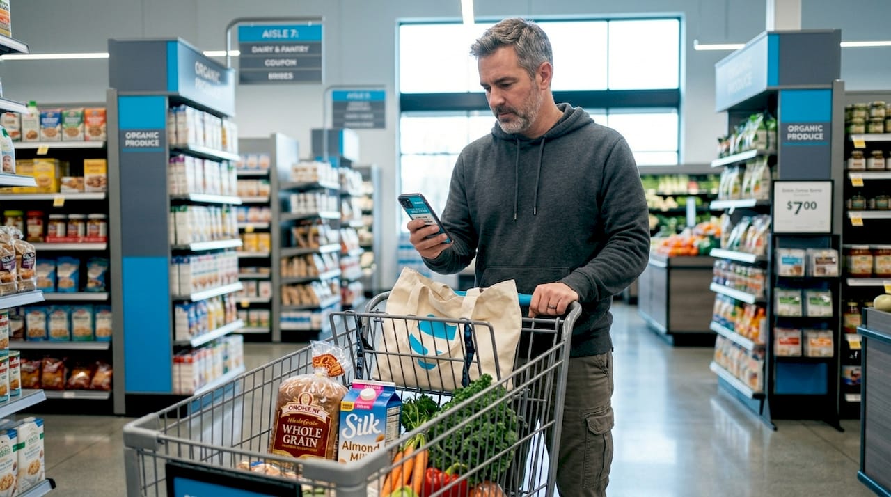Shopper using loyalty app in grocery store aisle