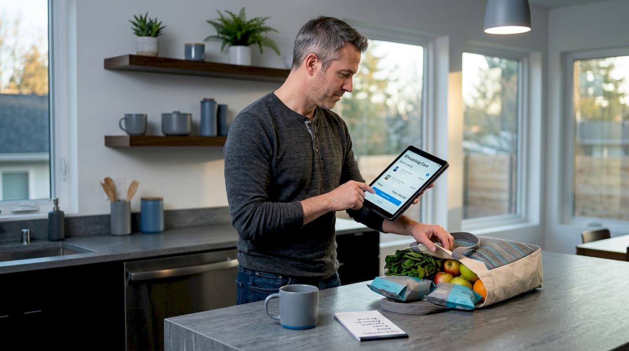 Man checking persistent cart on tablet