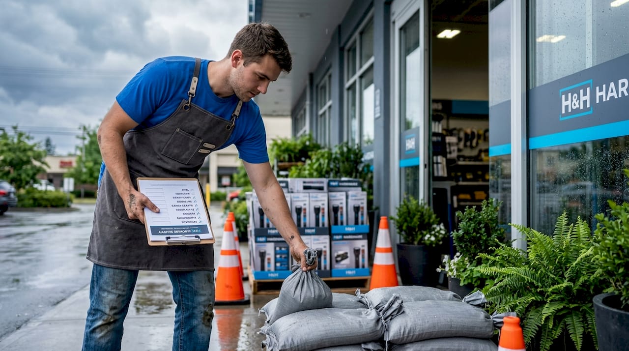 Employee organizing storm supplies at entrance