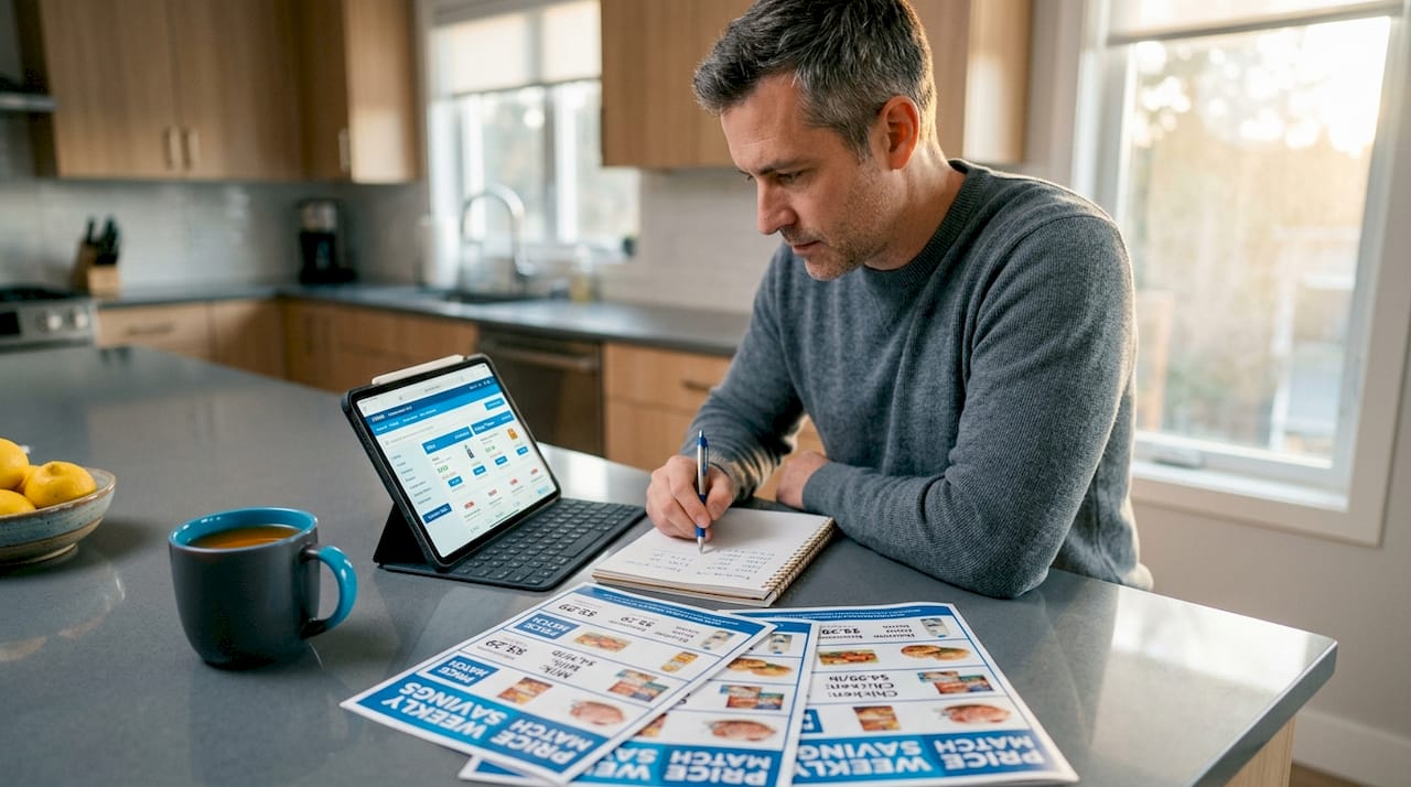 Man compares sale ads at kitchen table