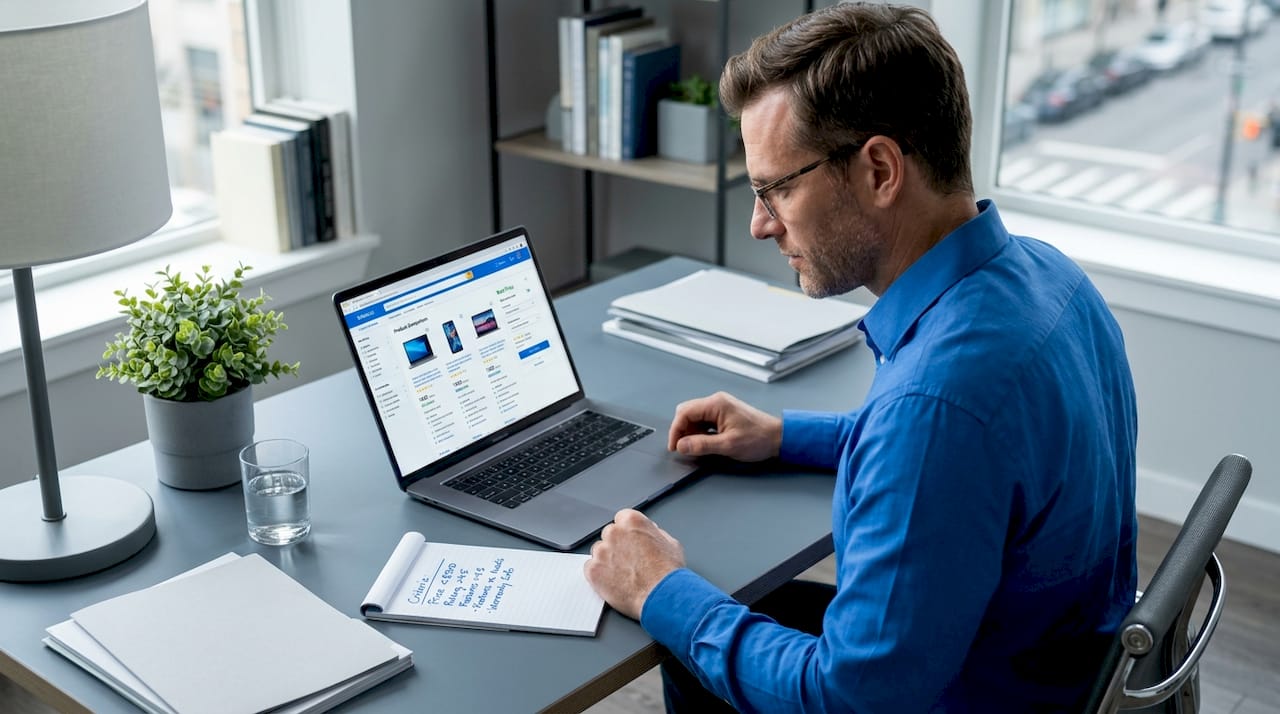 Man reviewing product screens at dining table
