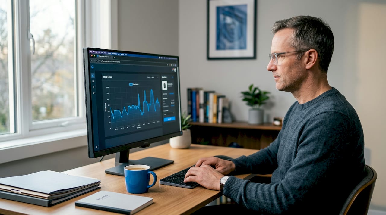 Man using price tracking extension in home office