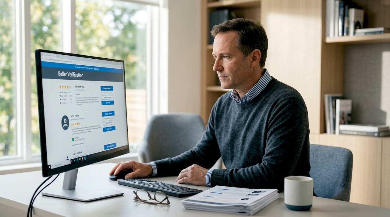 Man verifying online seller credibility on desktop