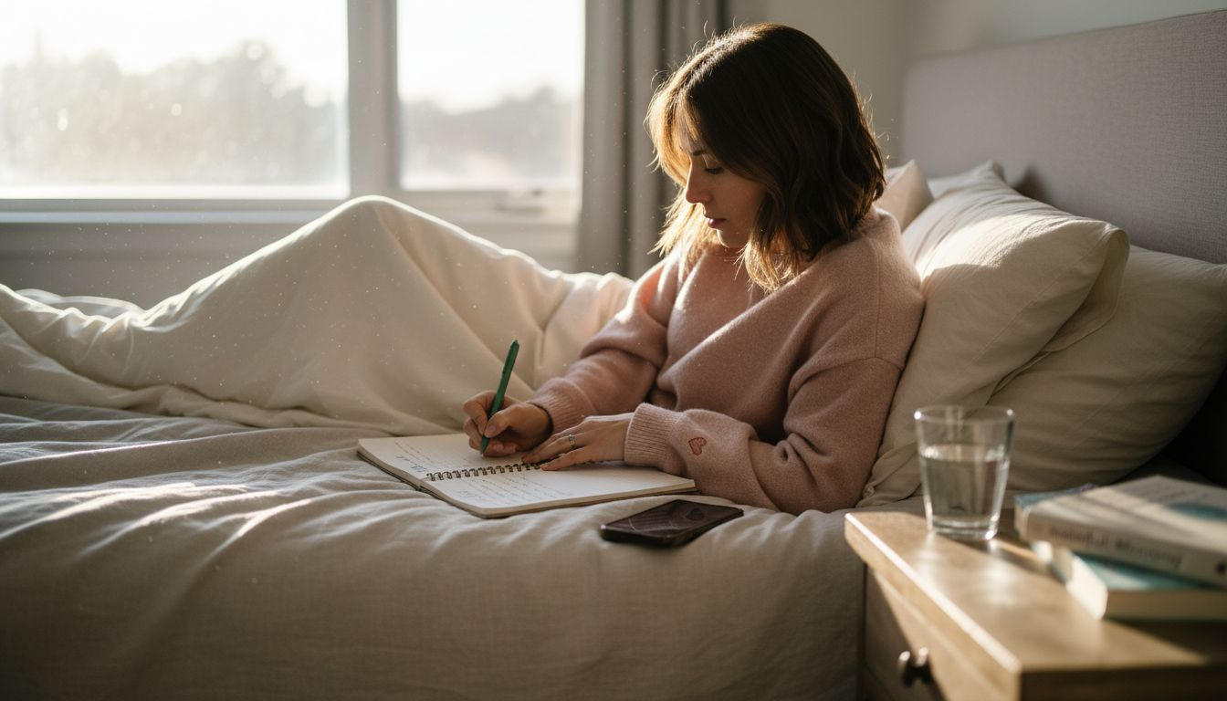 Woman tracking self-care goals in bedroom
