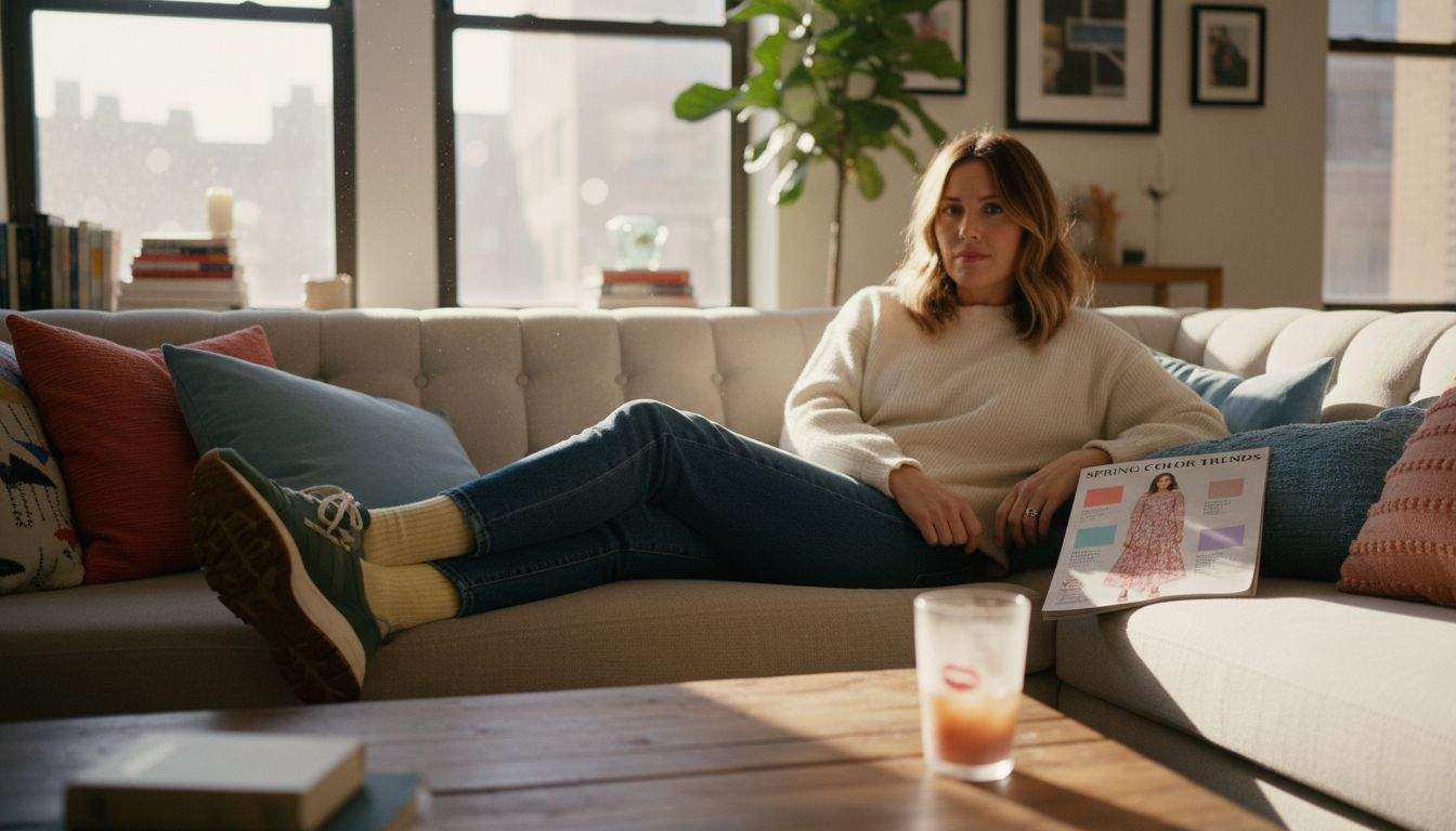 Woman tries color accent socks at home