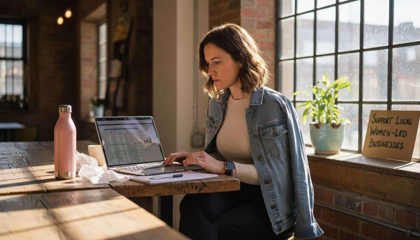 Woman reviewing finances in lively coworking café