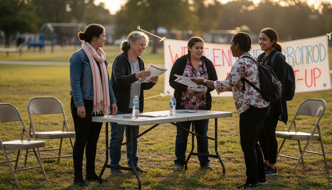 Women distributing flyers at community event