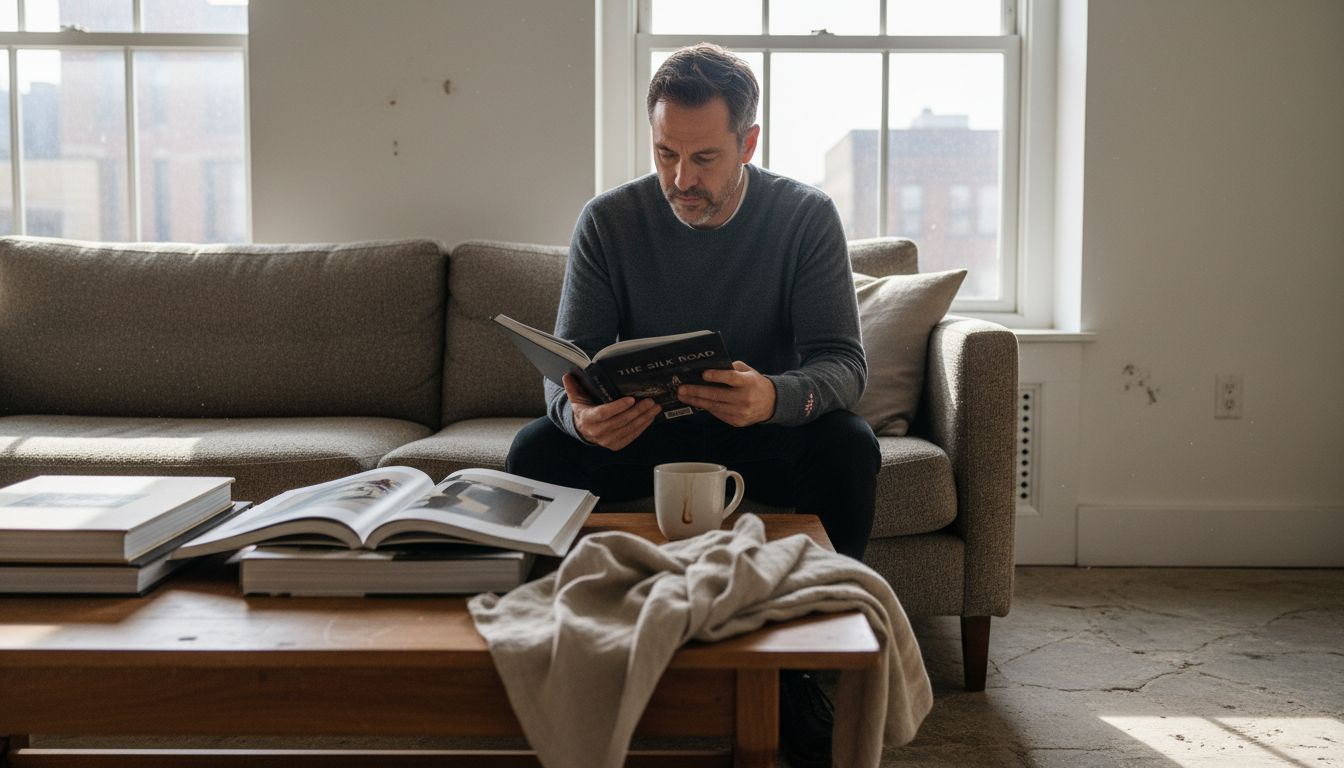 Man reading in understated luxury living room