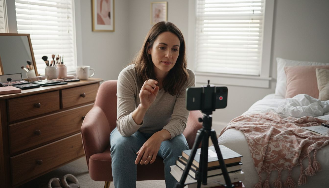 Influencer recording social media video at home