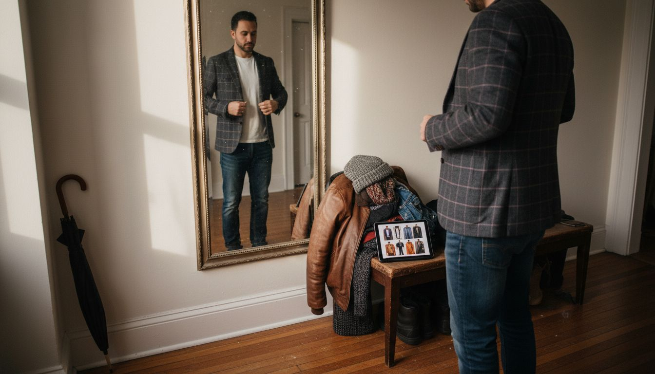 How to Update Fashion Trends for a Modern Wardrobe Man styling trendy blazer look in mirror