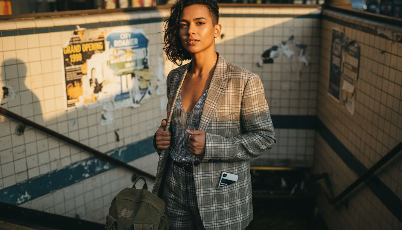 Non-binary model in gender-fluid outfit at subway