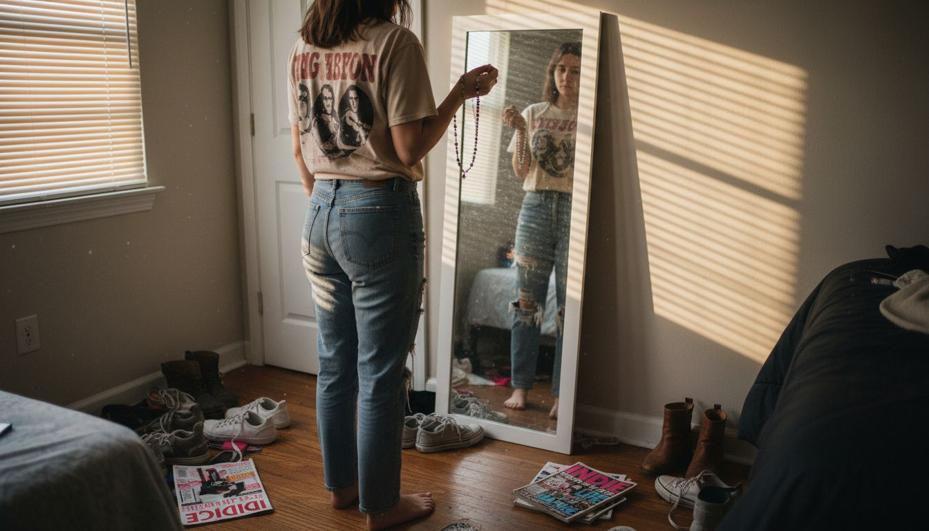 Woman choosing outfit in cluttered bedroom