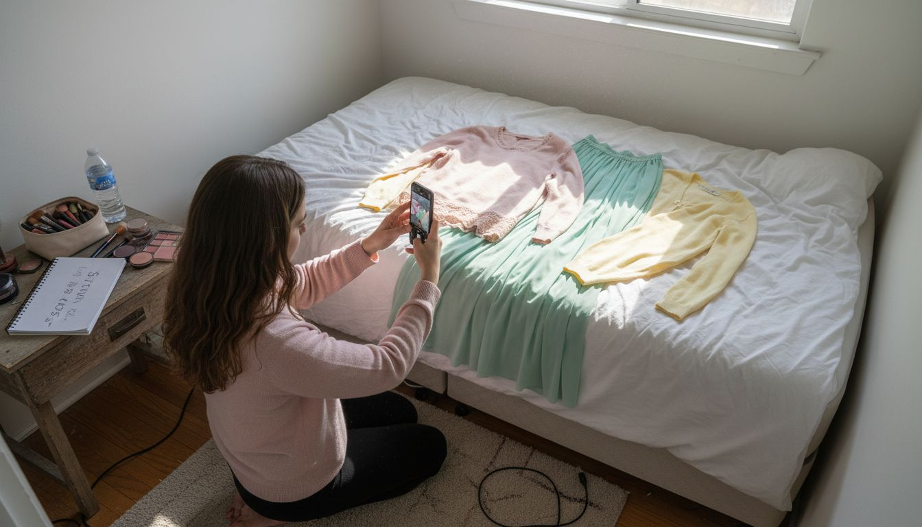 Woman photographing curated outfit for Instagram