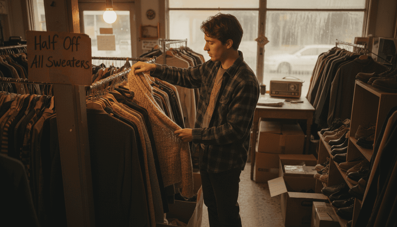 Eco-Friendly Fashion Cuts 944M Tonnes CO2 in 2026 Man browsing secondhand sweaters at thrift shop