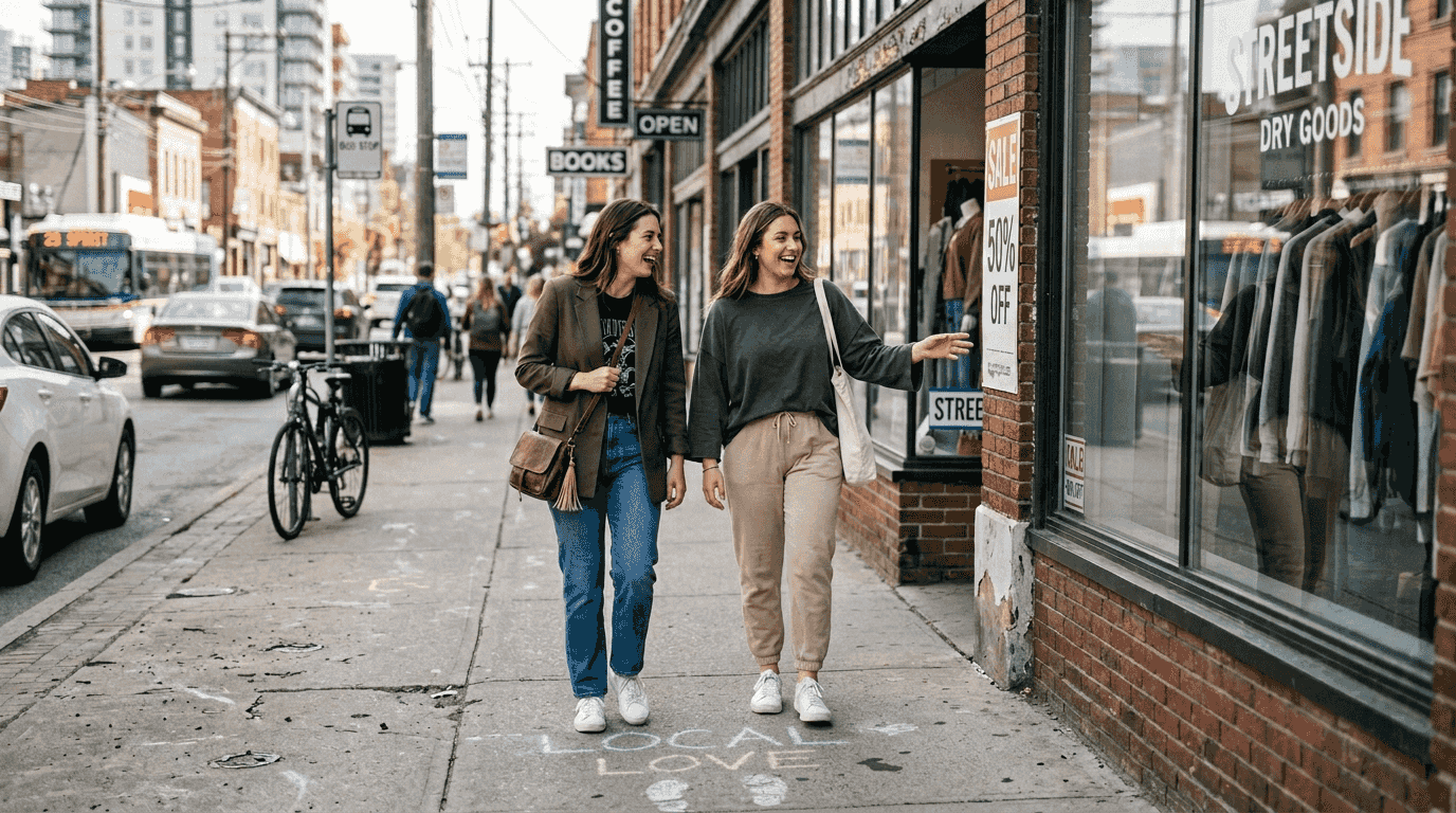 Friends wearing gender-neutral clothing shopping