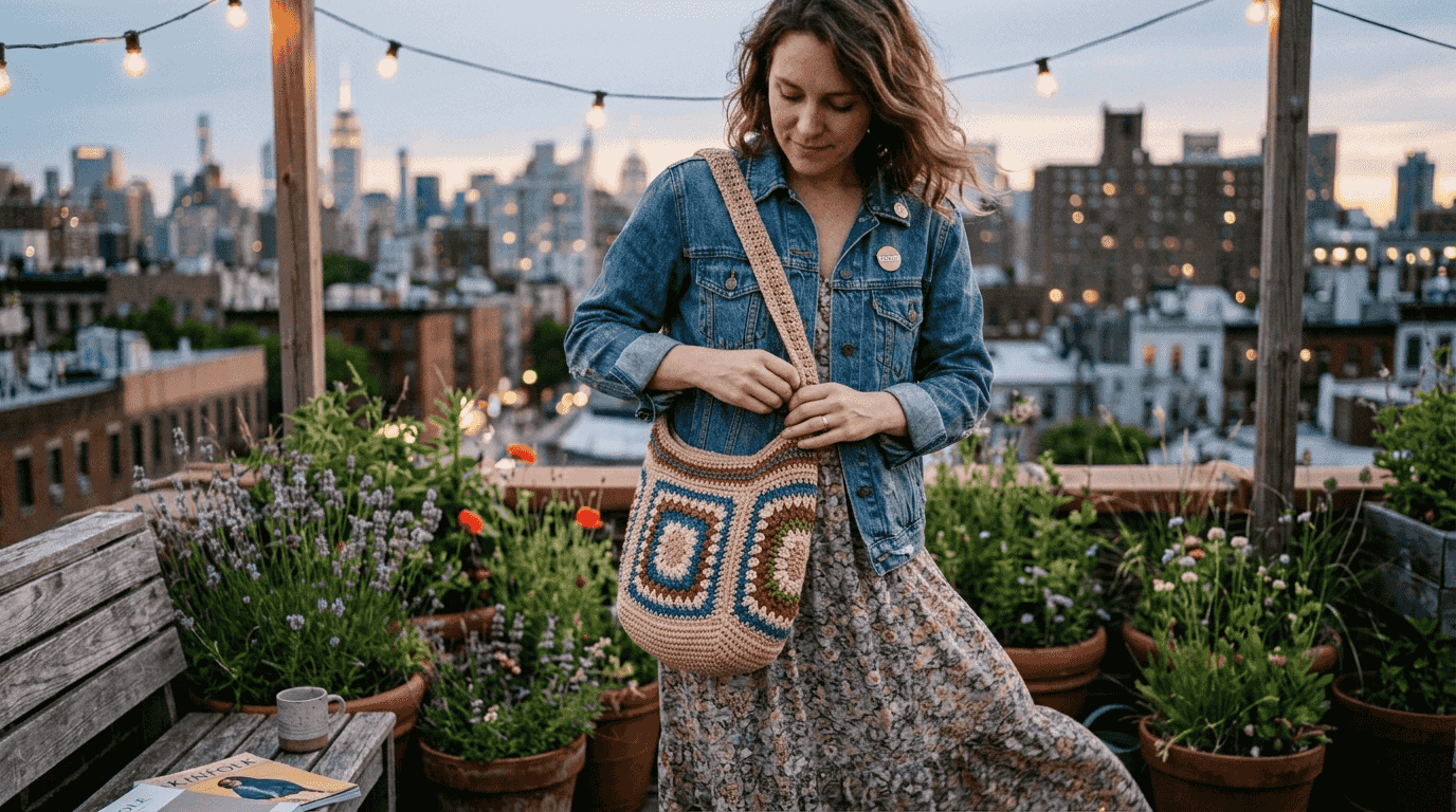 Bohemian spring rooftop outfit closeup