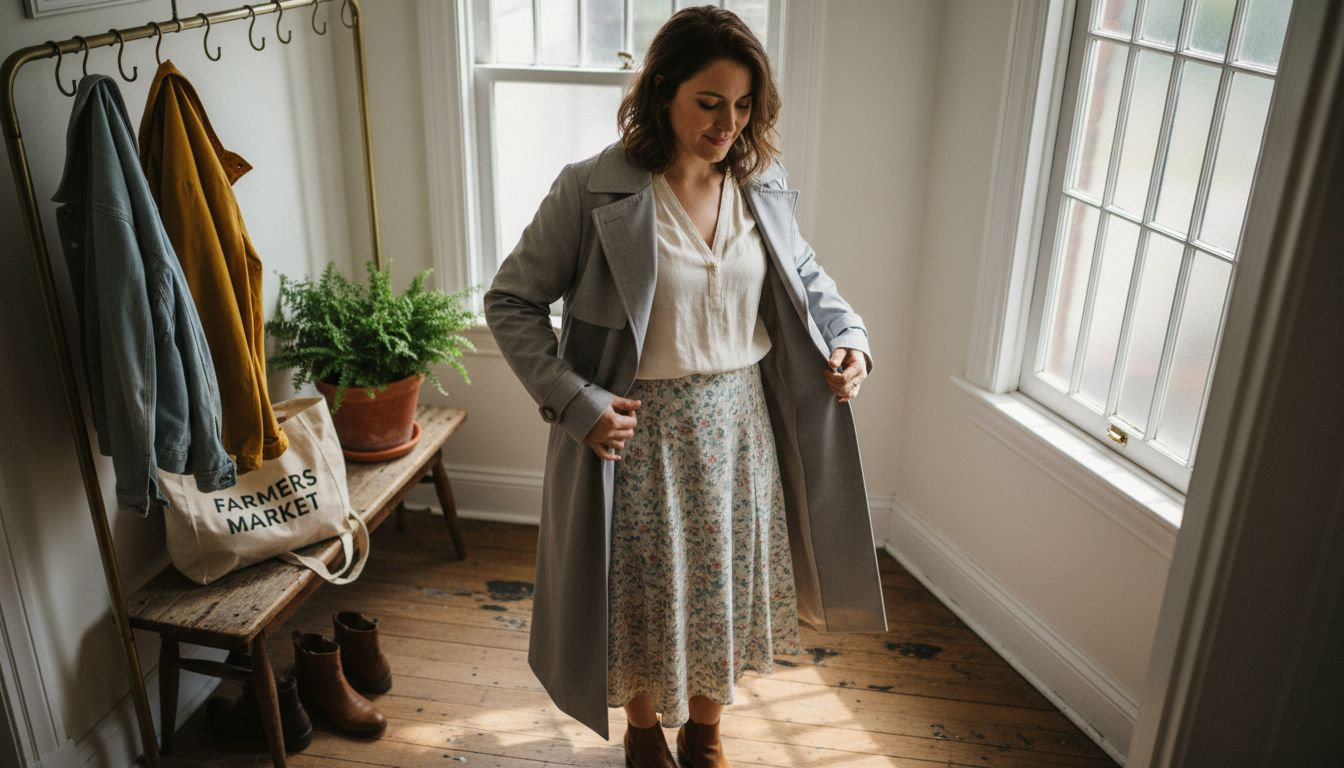 Essential spring wardrobe checklist for stylish empowerment 2026 Woman trying on neutral spring trench coat indoors