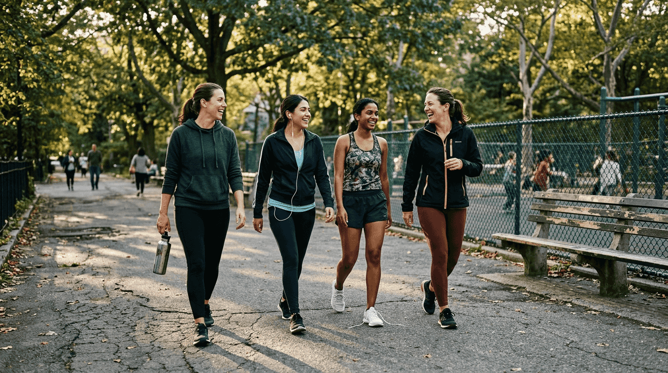 Women exercising together in urban park setting