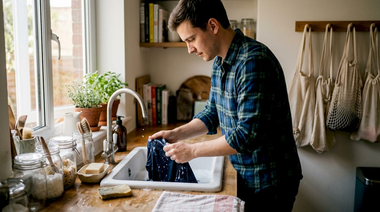 Man hand-washing organic cotton shirt in kitchen