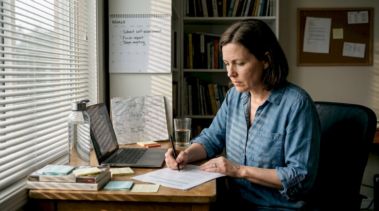 Woman completing self assessment at desk