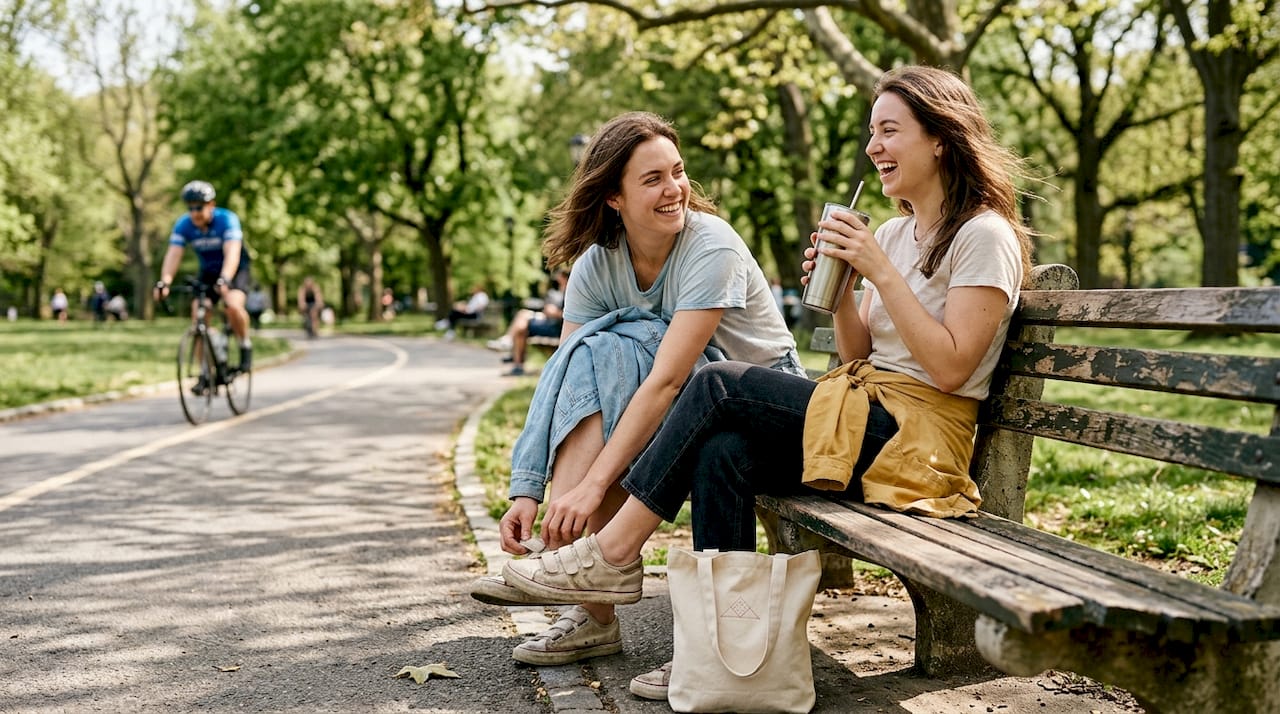 Two women enjoying supportive friendship outdoors