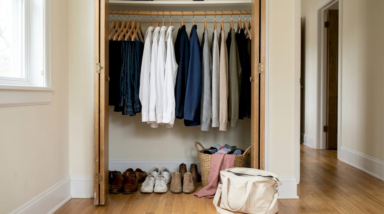 How to style outfits: a practical guide for stylish looks Capsule wardrobe with basic staples in open closet