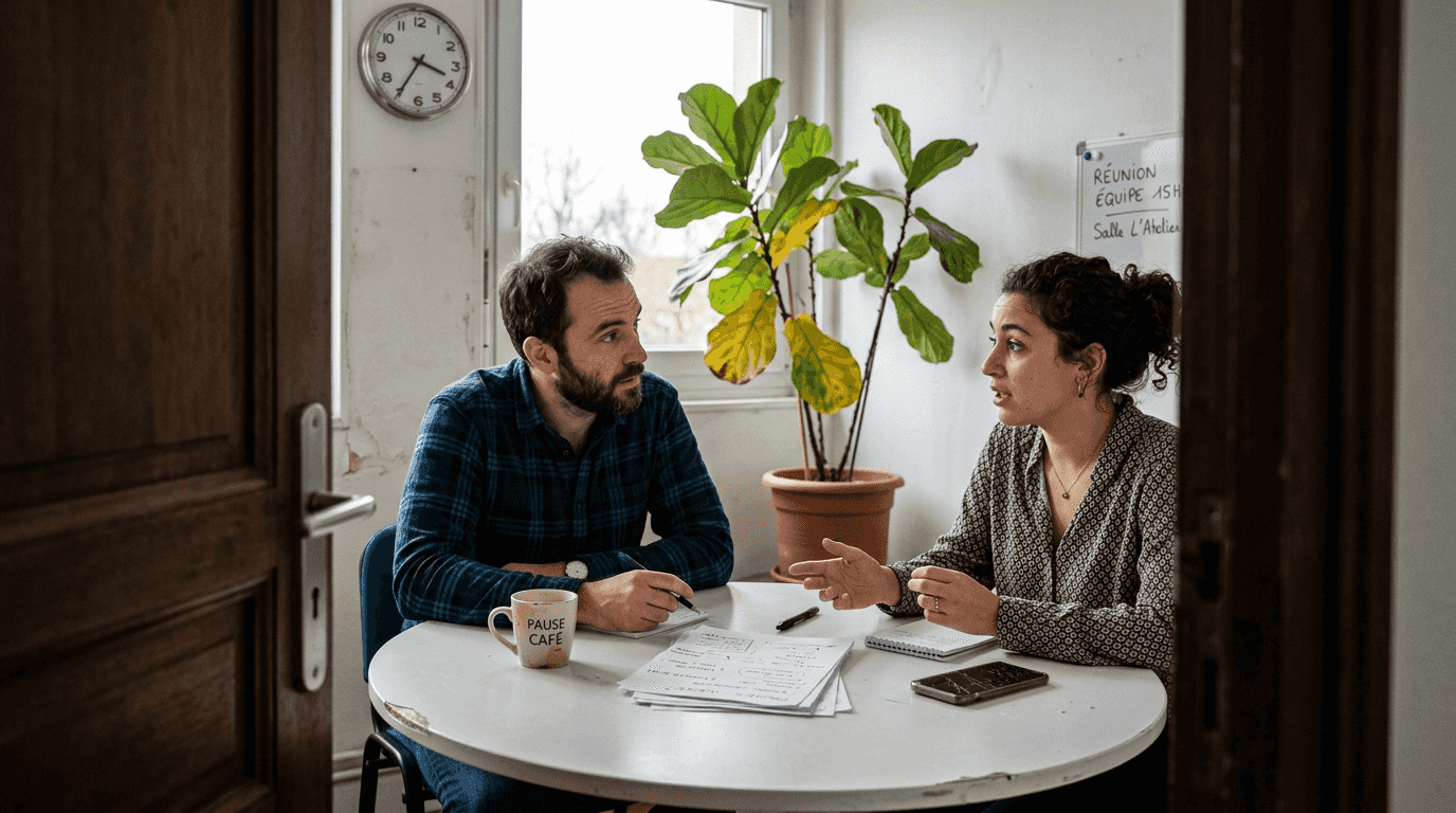 Dans une PME, une petite équipe se réunit pour échanger sur l’évolution de l’organisation.