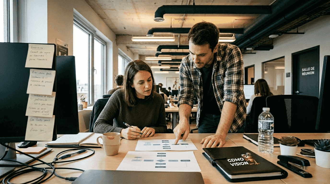Des collaborateurs passent en revue l’organisation hiérarchique d’une PME.