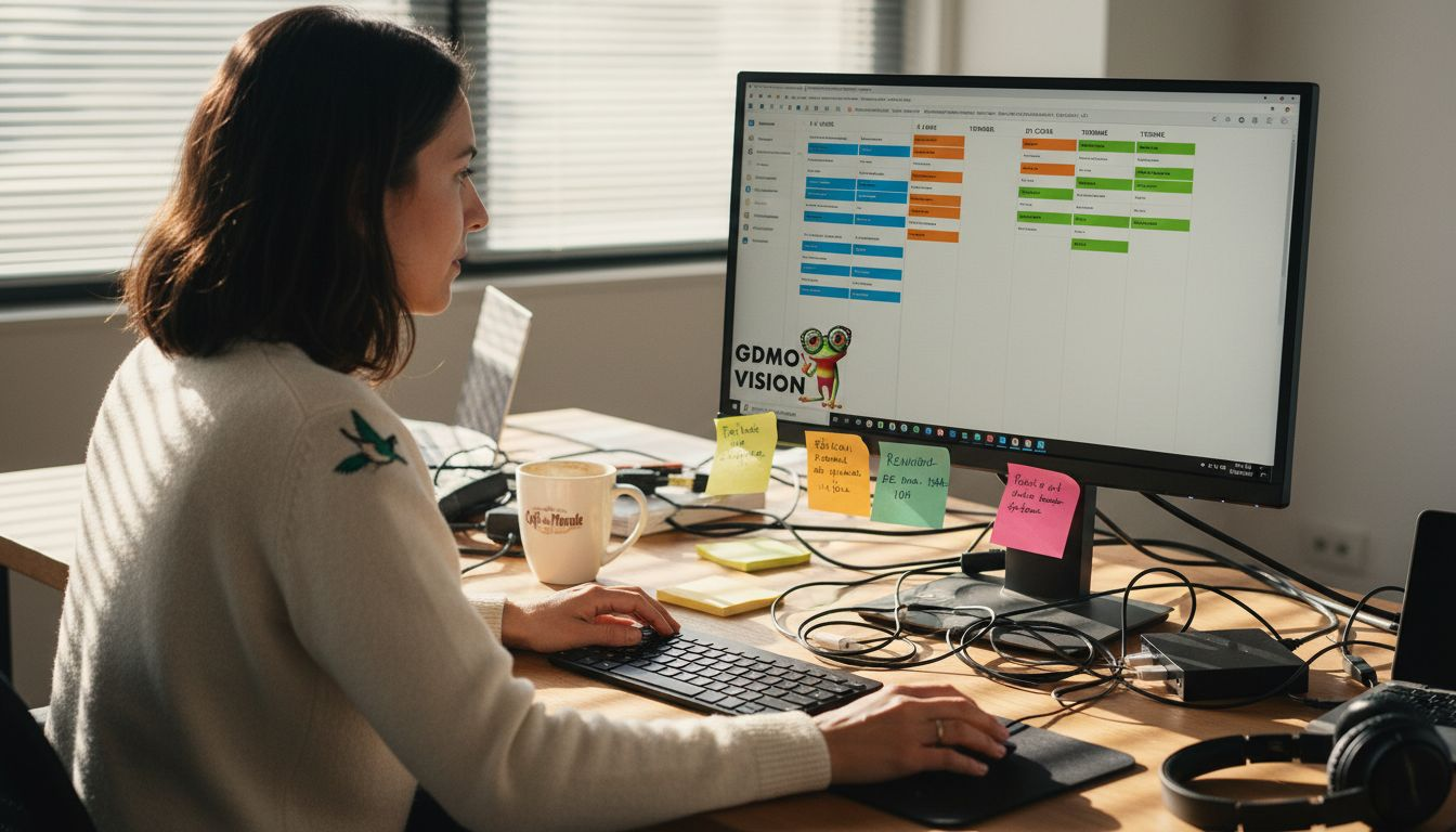 Une femme met à jour un tableau kanban sur un bureau partagé.