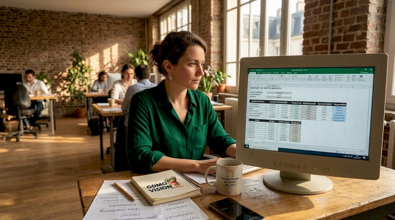 Responsable d'une PME en train d'actualiser son tableau de bord pour suivre l'évolution de l'entreprise.