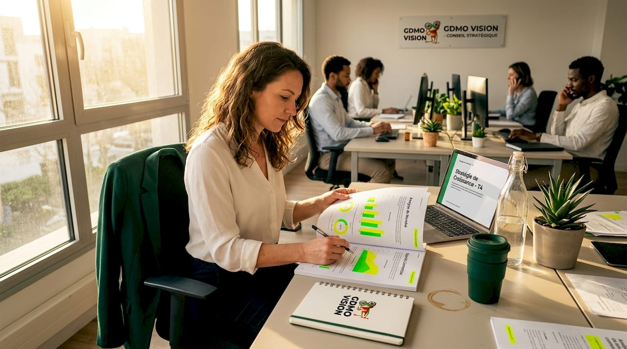 Un manager en train d’analyser la stratégie de l’entreprise, entouré de documents professionnels.