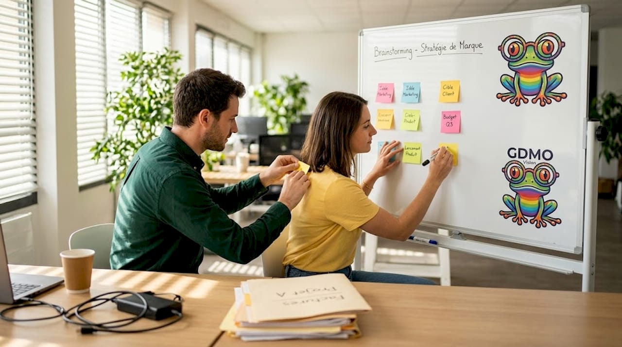 Travail en équipe autour d’un tableau, en échangeant des idées avec des post-it.
