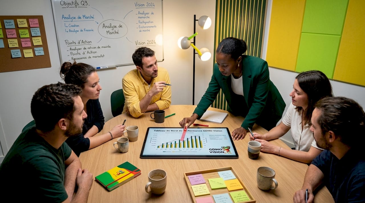 Réunion de dirigeants de PME pour analyser les performances à partir d’un graphique