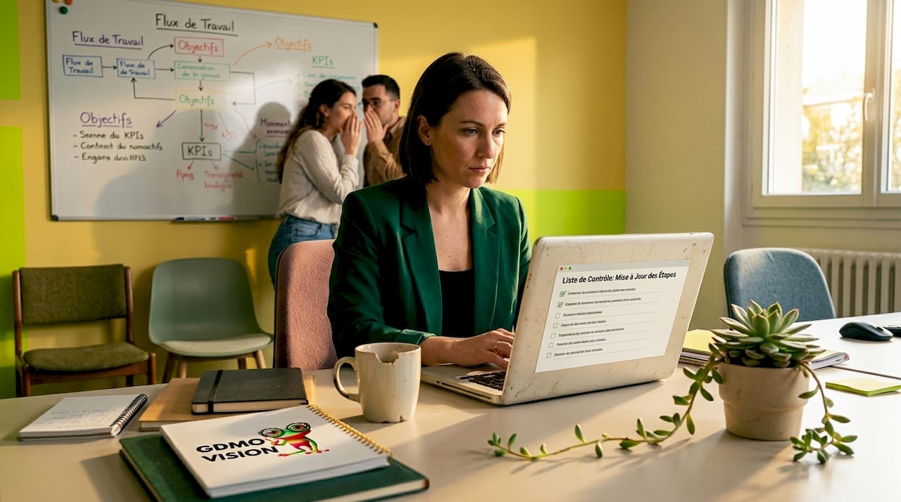 Le coordinateur fait le point sur la liste des tâches à suivre pour les mises à jour, installé à son bureau.